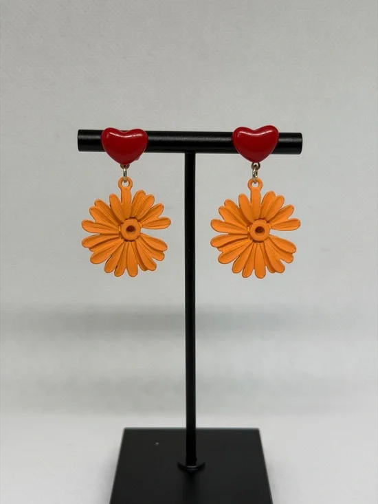 Red Heart Orange Flower Earrings Retro Floral Statement Dangle - Picture 2 of 3